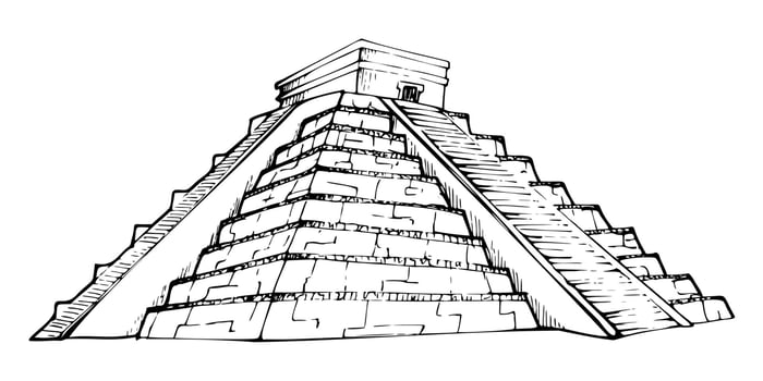 Mesoamerica Aztec Inca Egyptian ancient monument, pyramid ruins heritage site, archaeology sightseeing. Isolated single object. Hand drawn ink illustration for travel brochure, vacation tours vector