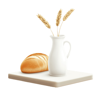 bread and wheat in a jug on a cutting board png