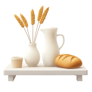 Dairy products on a white wooden board and a vase with bread ears 3D icon cartoon minimalist png
