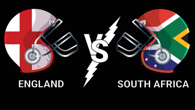 England vs South Africa 3D Illustration flags over cricket Helmet for Versus Match with Black Background vector