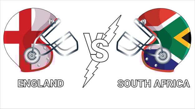 England vs South Africa 3D Illustration flags over cricket Helmet for Versus Match vector