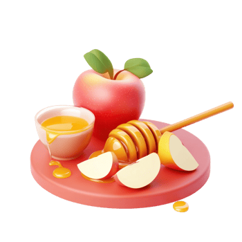 apple and honey on a plate with a spoon and a bowl of honey png