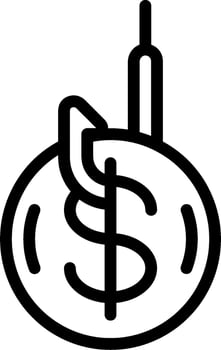 A black and white icon of a dollar sign vector