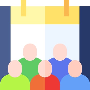 A group of people are standing in front of a calendar vector