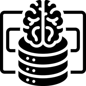 A black and white image of a brain on top of a stack of data vector