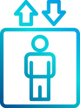 A blue icon with an arrow pointing up and a person standing in front of it vector