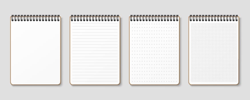 Realistic notepad. Lined, gridded and dotted sheets. Blank sheets of notebook with grid for homework and exercises. Horizontal spiral. Creative illustration mock up diary. vector