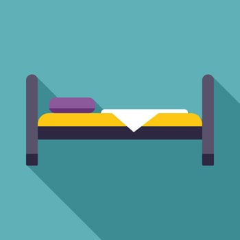 Yellow bed with purple pillow and white sheet on turquoise background vector