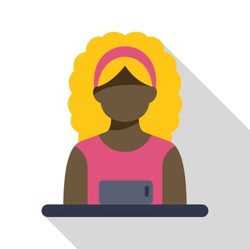 Young woman using mobile phone at desk with long shadow effect vector
