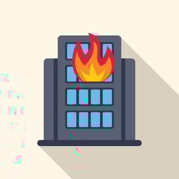 Big city building on fire with flames coming out of windows modern flat style vector illustration