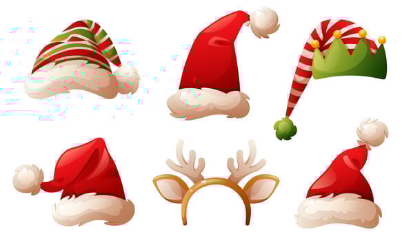 Santa Claus hats, elf hat, headdress with deer antlers and star. Winter hat, Christmas headdress, Santa Claus cap. set for decorating Christmas and New Year designs. vector