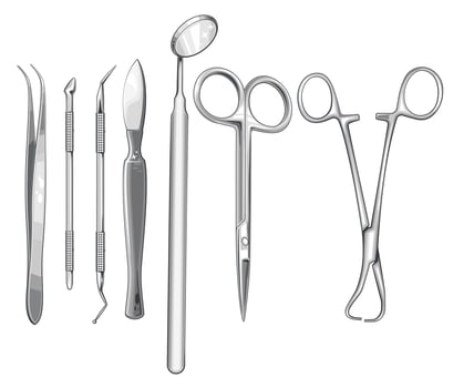 Surgical Instruments illustration. Forceps, Scissors, Scalpel, Carmalt Forceps isolated on white. Medical Education Illustration vector
