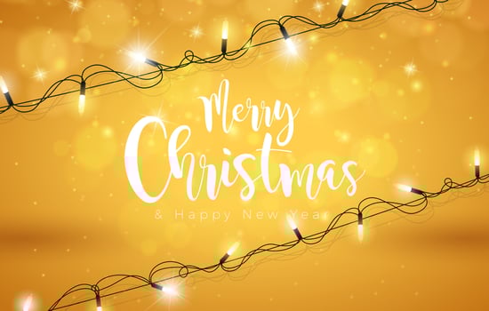 Merry Christmas and Happy New Year Illustration with Light Garland and Typography Letter on Yellow Background. Holiday Season Banner Design for Greeting Card, Party Flyer, Celebration Poster vector