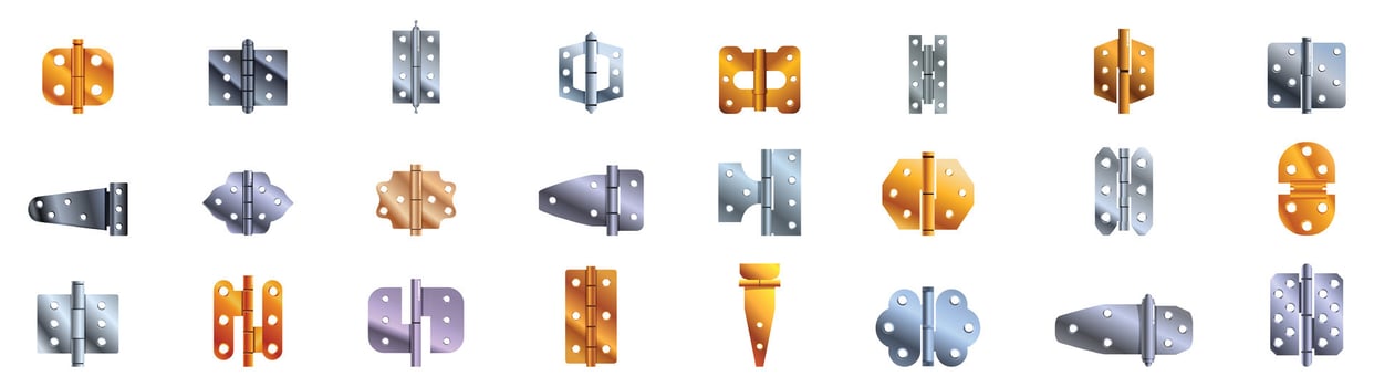 Door hinges icons set. Set of door hinges for home repairing and construction works vector