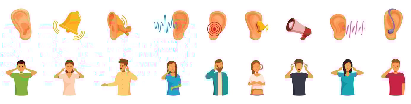 Tinnitus icons set. People suffering from tinnitus and hearing loss with noise and sound wave icons vector