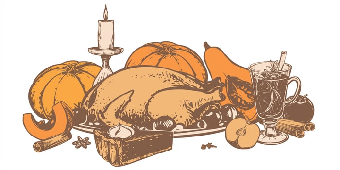 Traditional Thanksgiving dinner. illustration in hand sketch style. Autumn pumpkin pie with whipped cream, mulled wine and baked turkey. Ink drawing in engraving style. vector