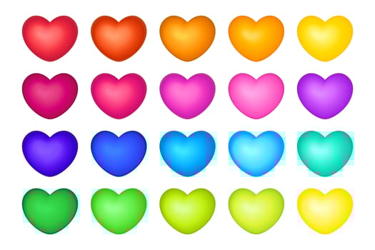 Big set of colorful 3D heart icons - red, orange, yellow, green, blue and purple. vector
