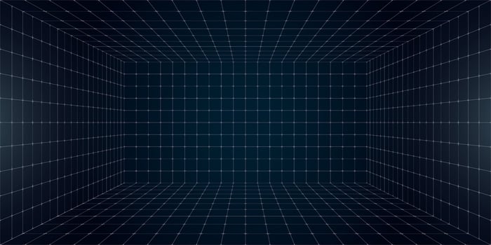Futuristic perspective grid box featuring abstract wireframe design with white grid lines on dark background. 80s and 90s digital aesthetic. Captures virtual reality landscape in retro future style vector