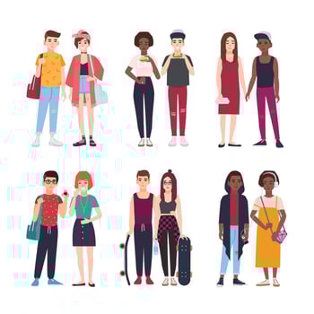 Collection of young teenage couples dressed in trendy clothes. Set of pairs of stylish teen boys and girls. Modern cartoon characters isolated on white background. Colorful illustration vector