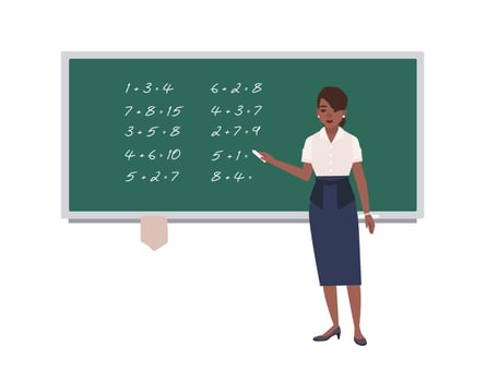 Female math teacher writing mathematical expressions on green chalkboard. Happy african american woman teaching mathematics. Cartoon character isolated on white background. illustration vector