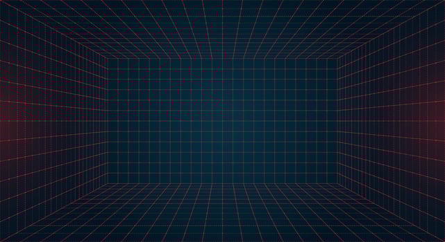 Futuristic perspective HUD grid box with abstract wireframe design. Red grid dotted lines on dark blue background. Virtual reality landscape inspired 80s and 90s digital aesthetic. Retro future visual vector