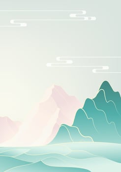 Hand painted vertical Chinese style fashion landscape illustration turquoise landscape and pink mountains vector