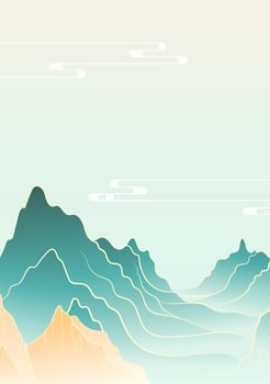 Hand painted vertical Chinese style fashion landscape illustration green and yellow mountains vector