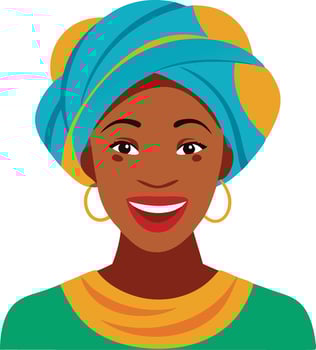 A colorful illustration of a smiling woman in a traditional African headwrap, symbolizing culture, tradition, and heritage. vector