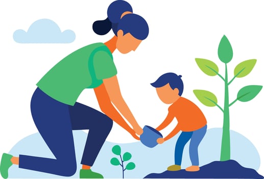 A illustration of a woman and child planting trees, symbolizing environmental care, sustainability, and growth. vector