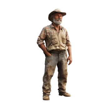 A man in a hat and overalls standing png