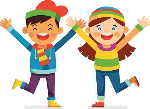 A illustration of two children happily jumping with raised arms, symbolizing joy, fun, and playful childhood. vector