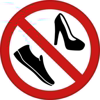 Red Sign Please No Shoes. Round Prohibition Sign. Women's Heeled Shoe and Slippers. Prohibition on Wearing Shoes vector