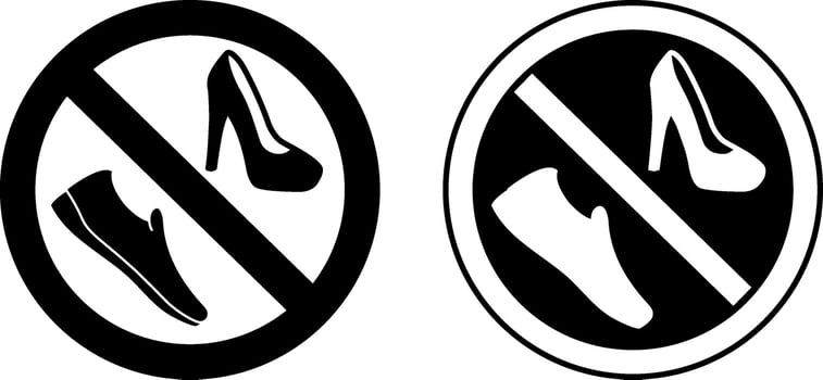 Signs Please No Shoes. Black and White Icons. Round Prohibition Sign. Women's Heeled Shoe and Slippers. Prohibition on Wearing Shoes vector