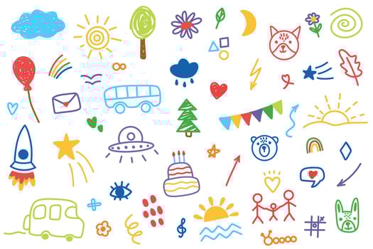 Cute kid flower, cloud, sun, summer illustration. Hand drawn doodle color sketch children cute school chalk background. Kids doodle crayon style line flower, cloud doodle pattern. vector