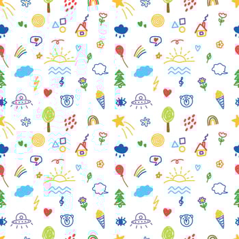 Children drawings seamless pattern. Kids doodle texture. Hand drawn cute house, cat. Baby seamless pattern. Editable stroke. illustration on white background. vector