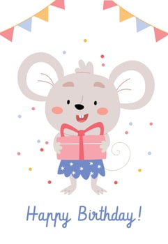 Children's birthday card or poster. Mouse holding a gift. Confetti. vector