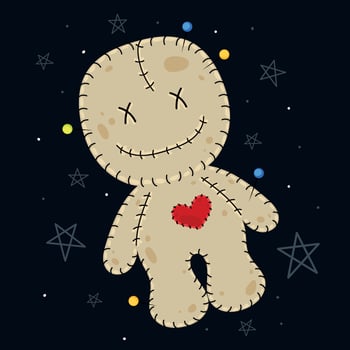Cute voodoo doll with heart and stitches on dark background, vector