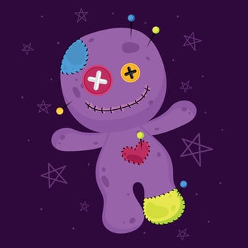 Purple voodoo doll with button eyes and stitched heart, vector