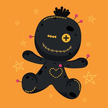 Black voodoo doll with yellow stitches and heart, vector