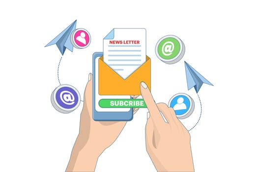 Newsletter subscription concept, Open envelope with document on device screen, Email marketing. Template for mailing and newsletters. illustration for online marketing and business. vector