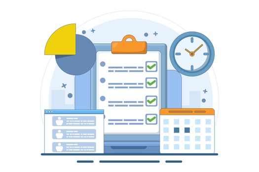 Business planning concept, business team working with online digital calendar. Planning Schedule, Leaving Notes, Managing and Organizing Work and Time. Time management. Flat illustration. vector
