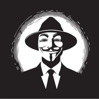 Monochrome illustration of a mysterious figure wearing a Guy Fawkes mask and a suit with a hat, set against a circular backdrop, representing anonymity and secrecy vector