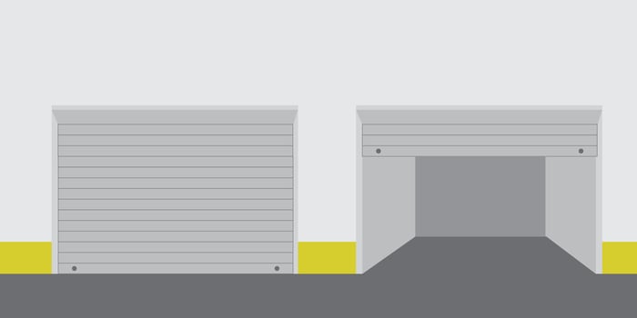 Warehouse or garage roller shutter door. Factory roller door entrance, floor building store shop interior. vector