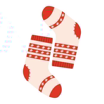 Knitted wool and cotton socks with snowflakes design. Pair of colorful winter socks with different holiday patterns isolated on white background. vector