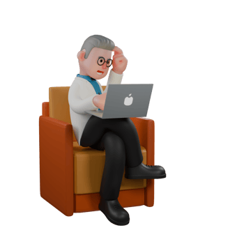 Physics Expert 3D Model. A male physicist sits on a sofa holding a laptop with his left hand on his head. Physicist Cartoon png