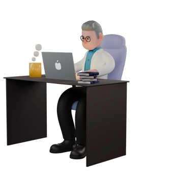 3D Cartoon Physicist Character. A male physicist sits behind a desk with both hands operating a laptop. Quantum Mechanics Model png