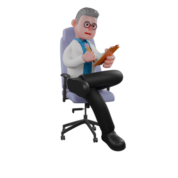 Cartoon Male Physicist. A male physicist sits on a gaming chair holding a clipboard and pencil in his hand, 3D Physics Laboratory Professional png