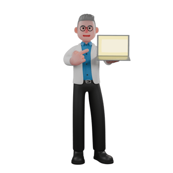 Male Physicist in Research. A male physicist stands holding a laptop with his right hand and pointing at the laptop with his left hand. 3D Science Experiment Scene png