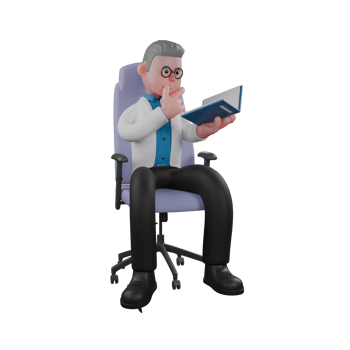 Theoretical Physics Expert in 3D. A male physicist sits on a chair holding a book in his left hand and holding his chin with his right hand. Cartoon Physicist png