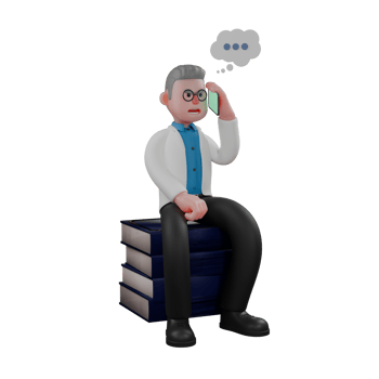 Male Physicist Character. A male physicist sits on a pile of books while holding a cellphone in his left hand. 3D Nuclear Physicist png